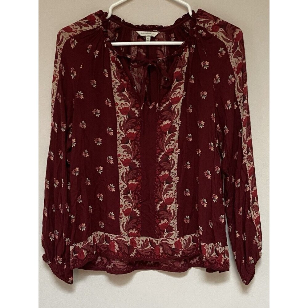 Lucky Brand Womens Shirt Wine Floral Crepe Long Sleeve V Neck XS